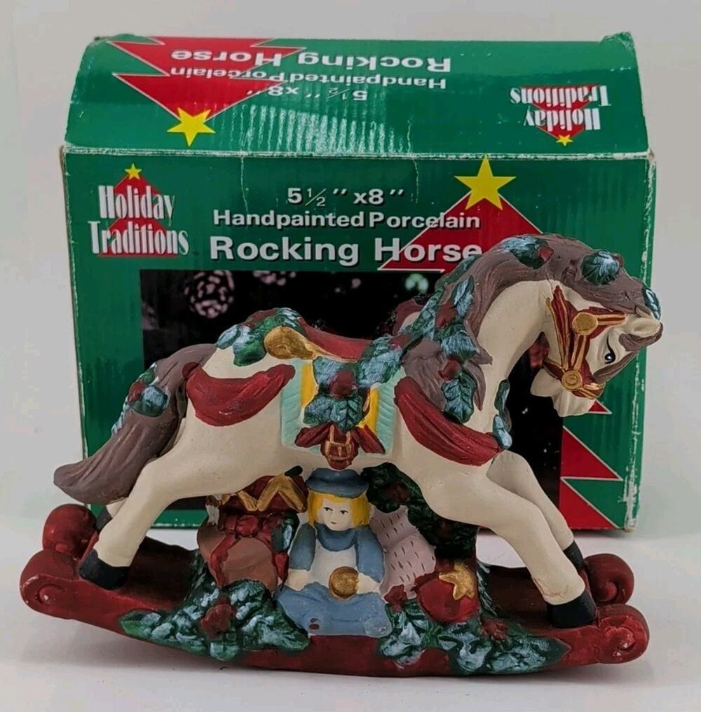 Vintage HOLIDAY TRADITIONS Porcelain Rocking Horse Hand Painted 5.5"x8"